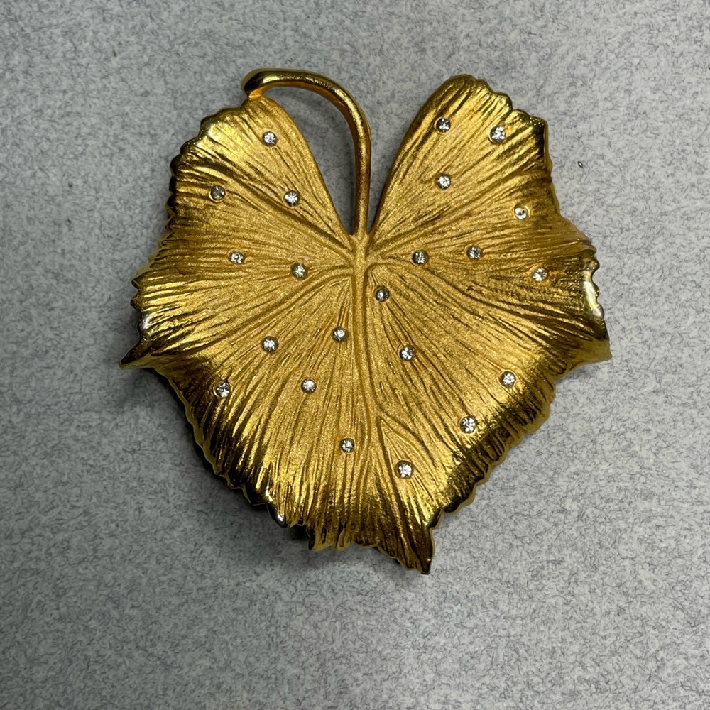 Textured 3D Curling Leaf Rhinestone Large Brooch Brushed Gold Tone
